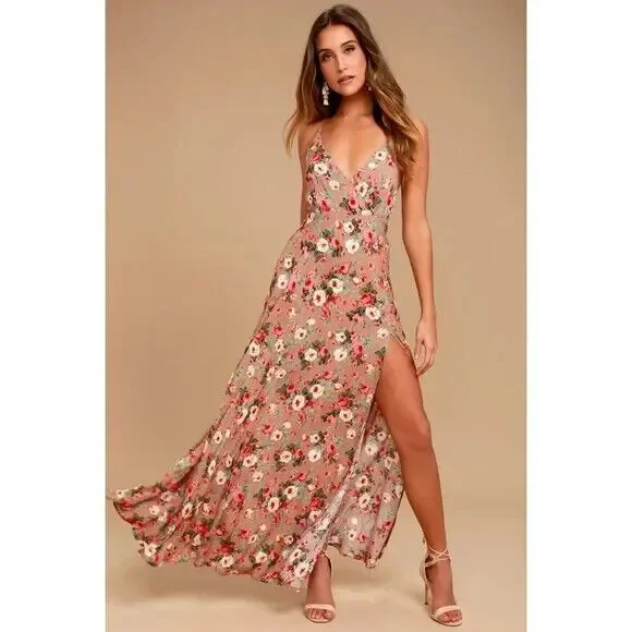 Lulus Everlasting Bliss Blush Floral Print Side Slit Maxi Dress XS
